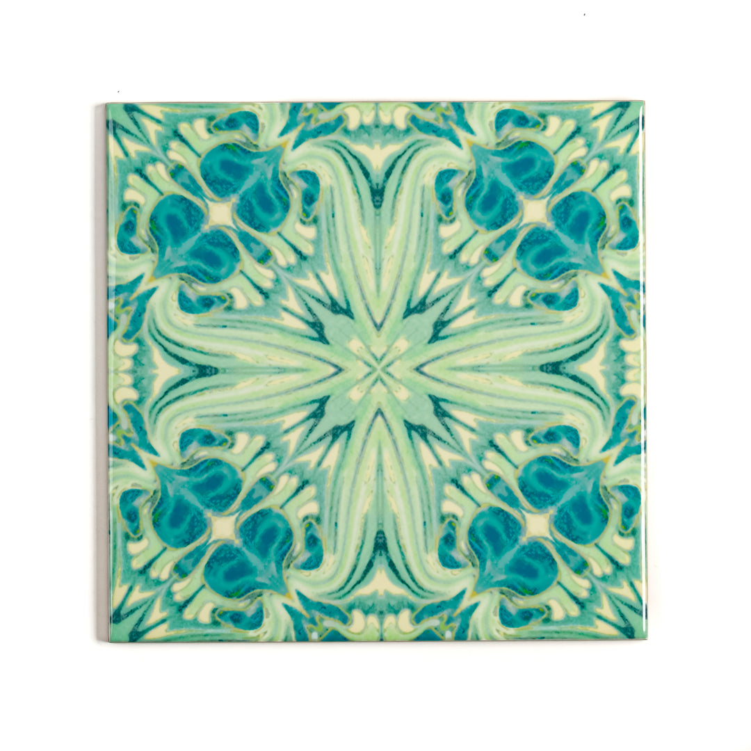SALE - Set of 4 x 10.8cm Blue Green Vintage Botanical Tiles - Perfect