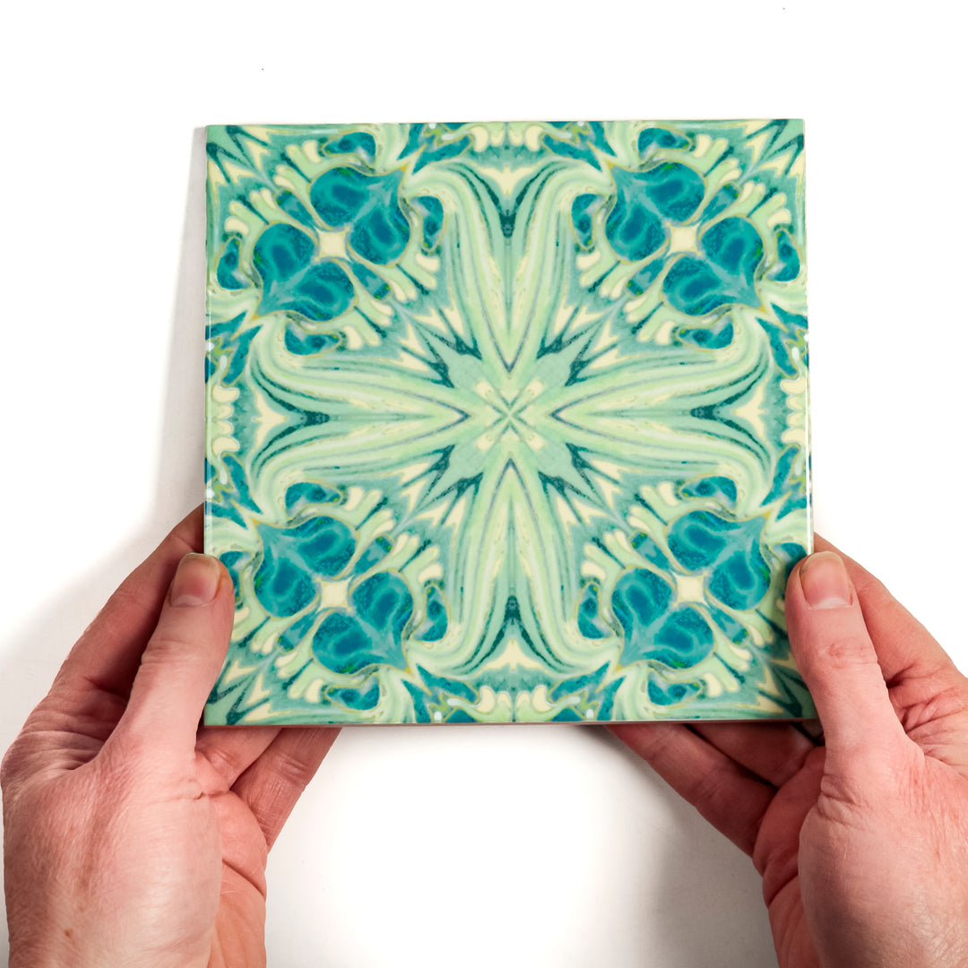 SALE - Set of 4 x 10.8cm Blue Green Vintage Botanical Tiles - Perfect