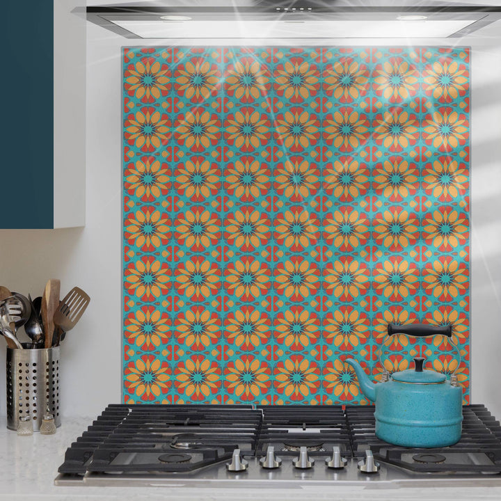 Moroccan Flower Kitchen Splashback - Orange &amp; Teal