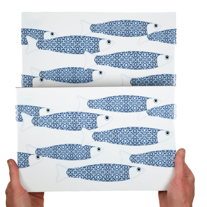 SALE SECONDS - 2x White Blue Ocean Shoal - Border version - Large Rectangular Tiles - 30x20cm