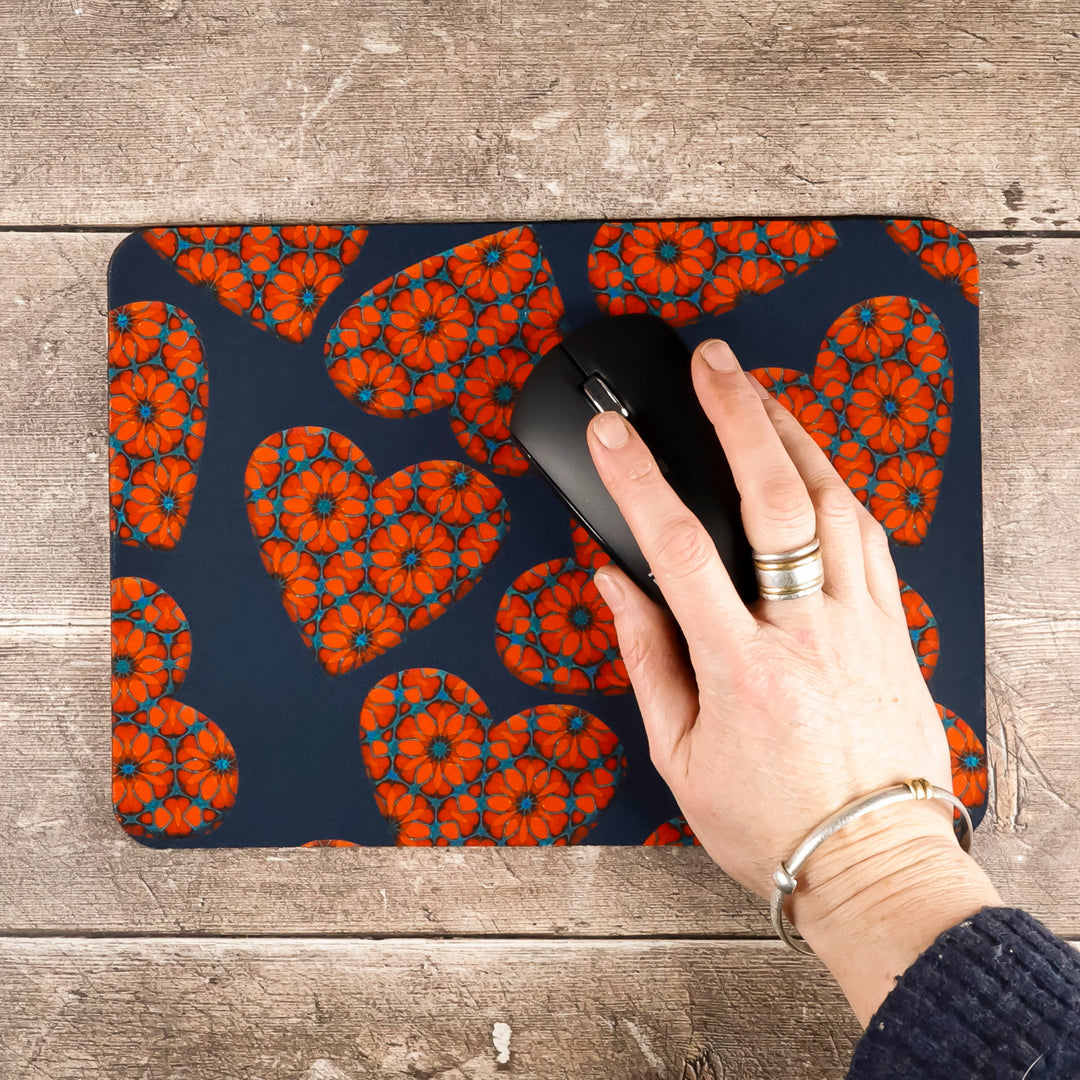 SALE - Moroccan Flower Hearts Mouse Mat - Red Blue (small)