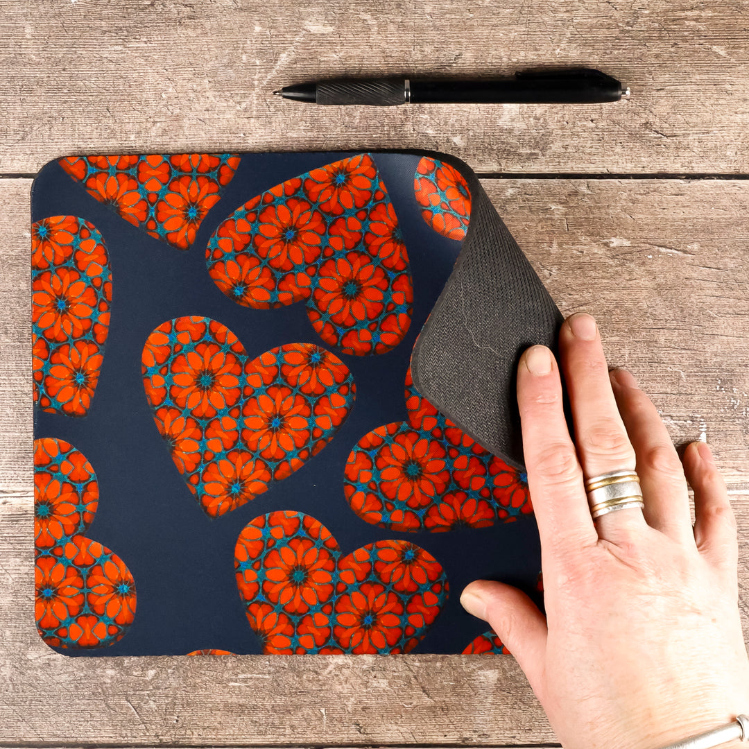SALE - Moroccan Flower Hearts Mouse Mat - Red Blue (small)