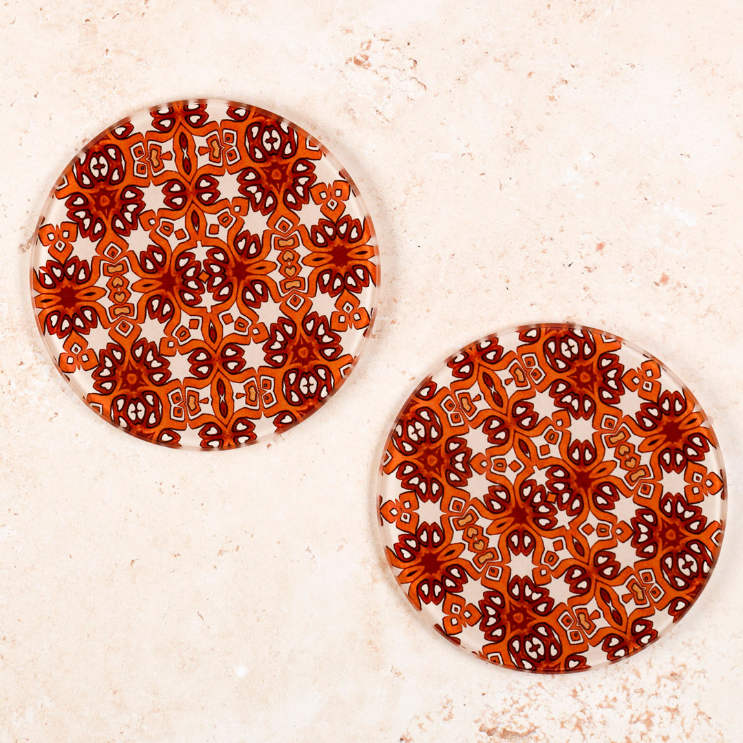 SALE - Pair of Ochre and Cream Cogs Design Circular Coasters
