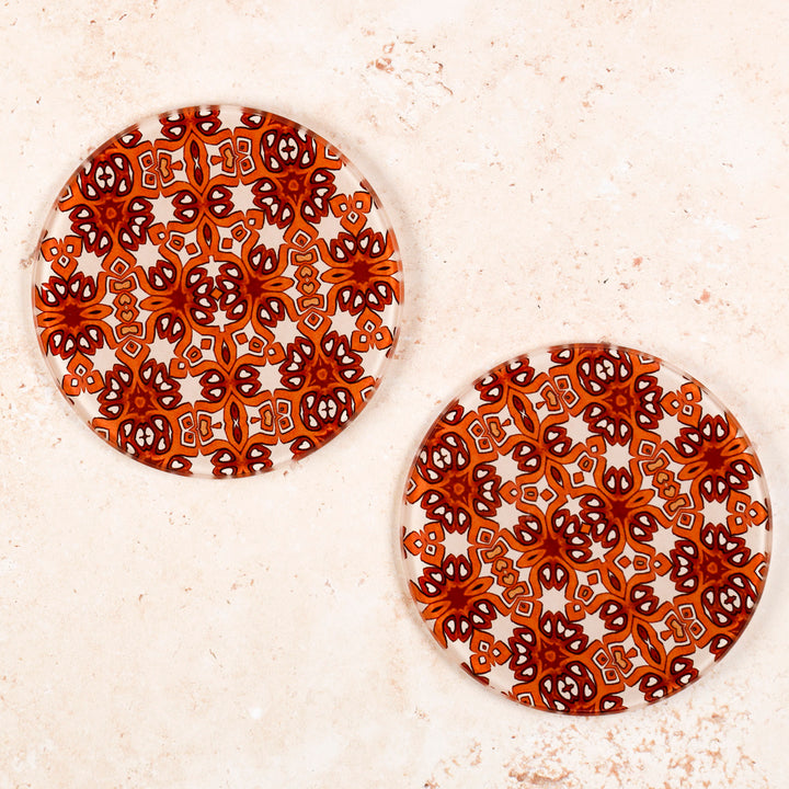 SALE - Pair of Ochre and Cream Cogs Design Circular Coasters