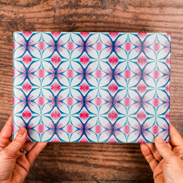 SALE - Small rectangular Pink &amp; Teal - Geometric Flower Worktop Protector