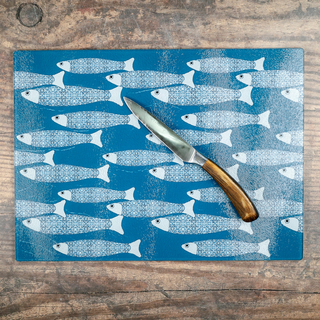 SALE SECOND - Large Teal/Blue Ocean Shoal Worktop Saver/Chopping Board