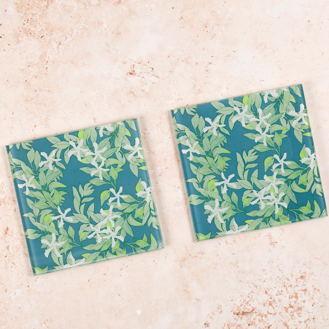 SALE - Pair of Jasmine Flowers &amp; Leaves - Square Coasters