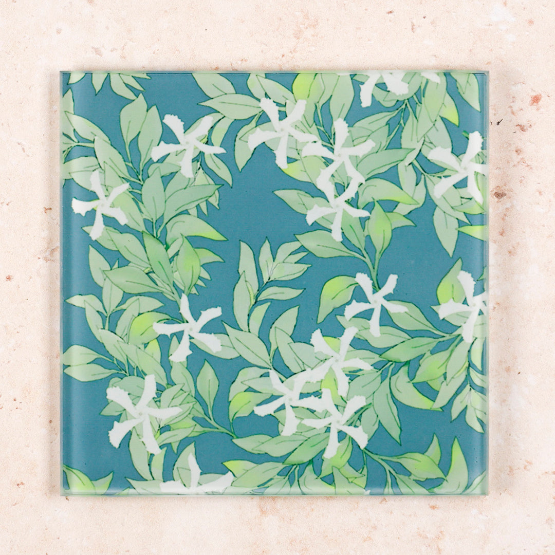 SALE - Pair of Jasmine Flowers &amp; Leaves - Square Coasters