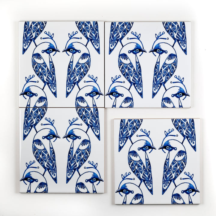 Lovebirds Tile - Blue &amp; White