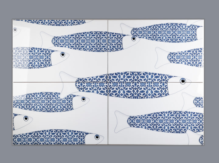 SALE - Ocean Shoal - White &amp; Blue Border version - Large SCALE - Rectangular Tile - 30x20cm (12x8 inches) Set of 4