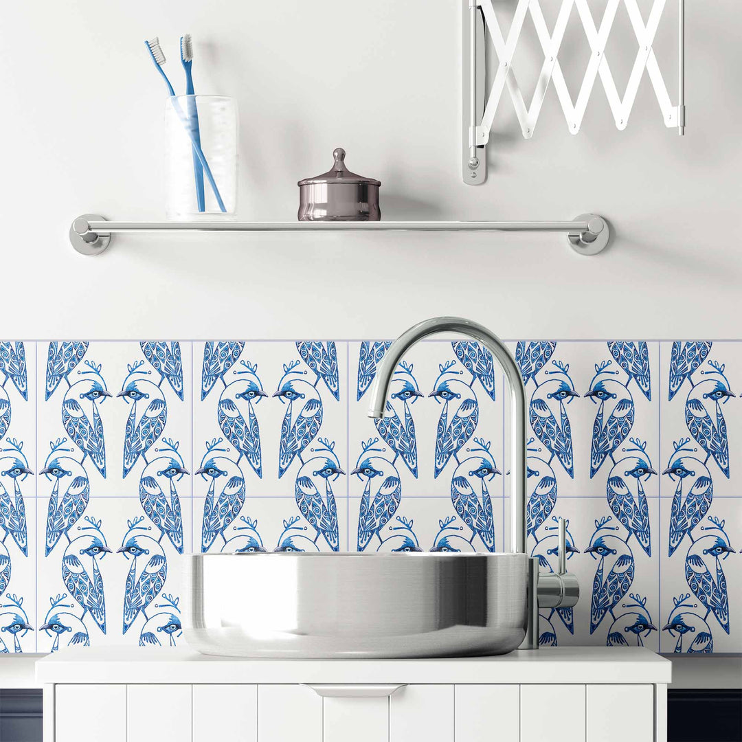 Lovebirds Tile - Blue &amp; White