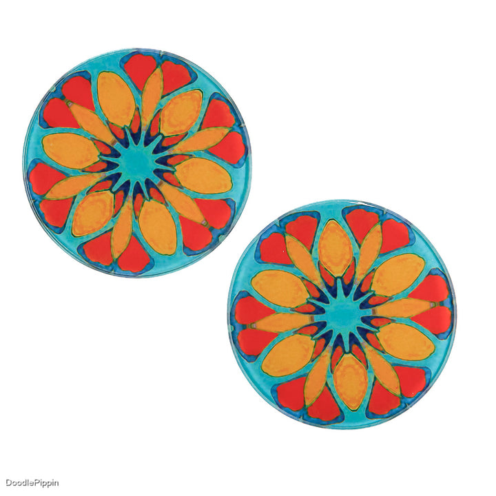 Teal/Orange - Moroccan Flower - Glass Coaster Set