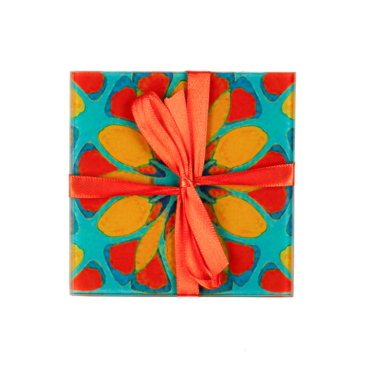 Teal/Orange - Moroccan Flower - Glass Coaster Set