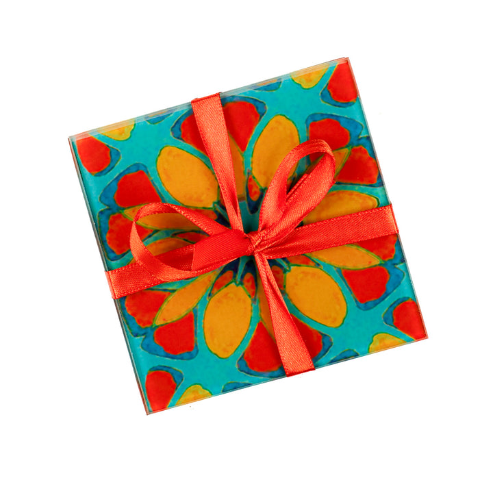 Teal/Orange - Moroccan Flower - Glass Coaster Set