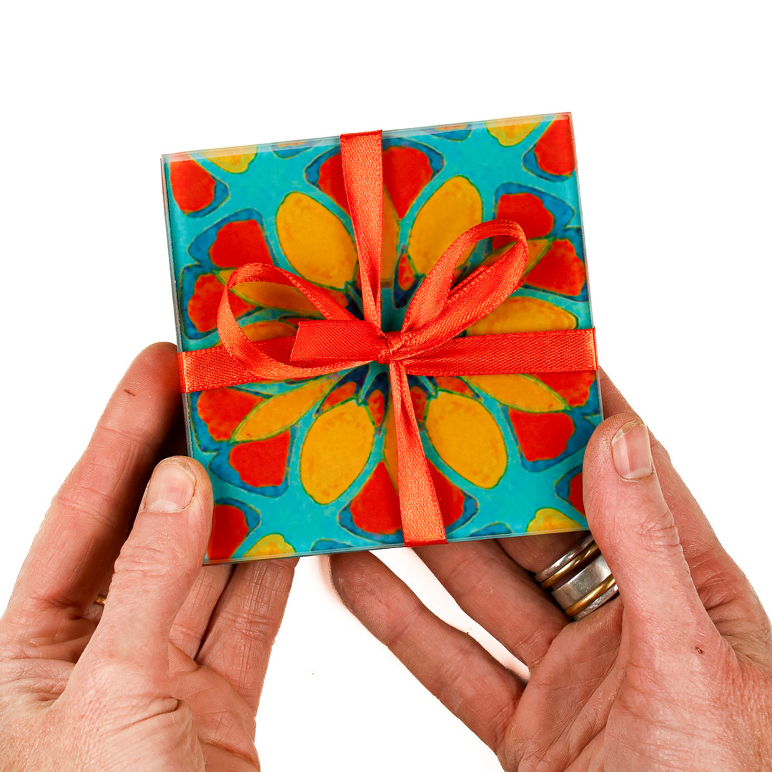 Teal/Orange - Moroccan Flower - Glass Coaster Set