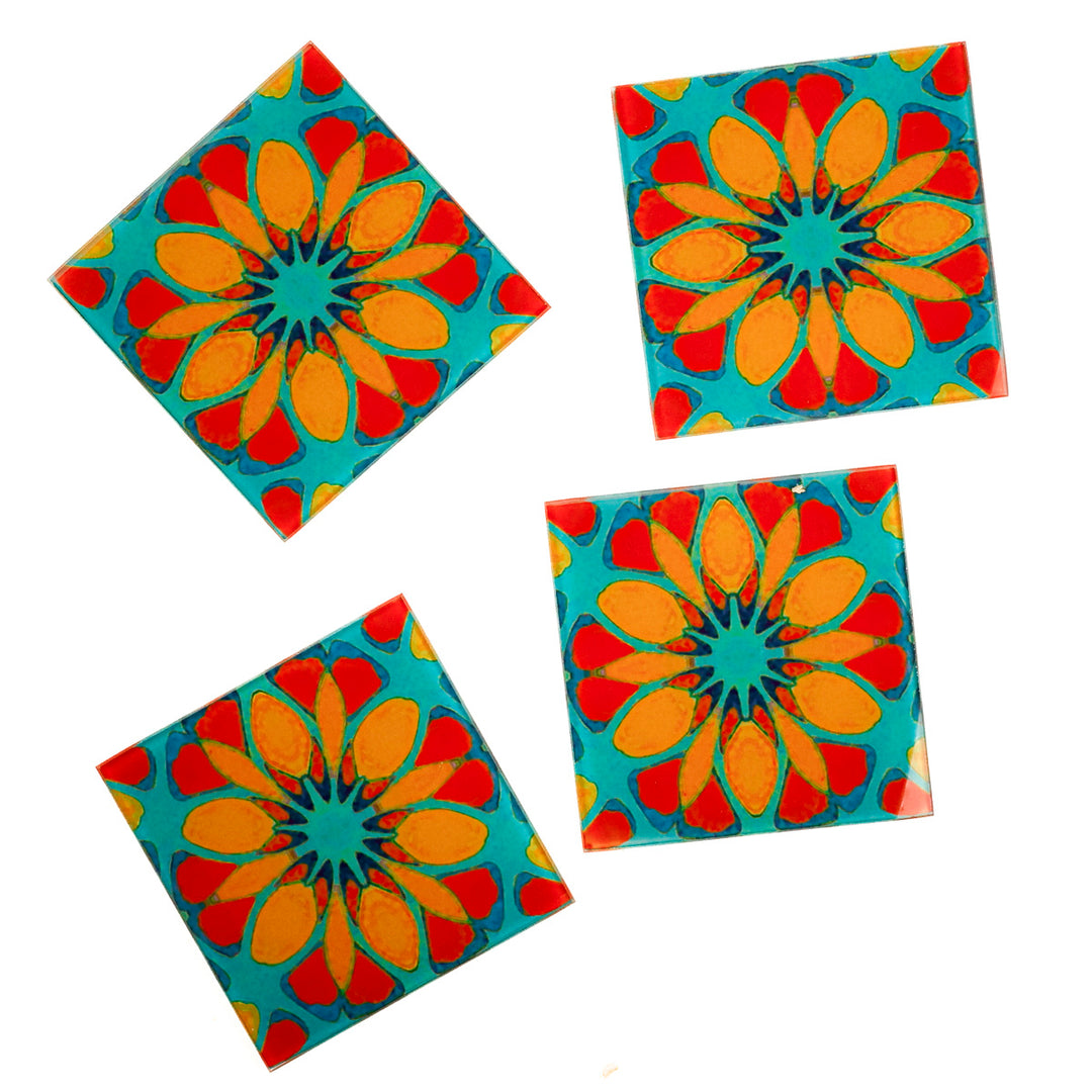 Teal/Orange - Moroccan Flower - Glass Coaster Set