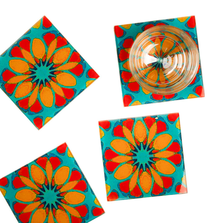 Teal/Orange - Moroccan Flower - Glass Coaster Set
