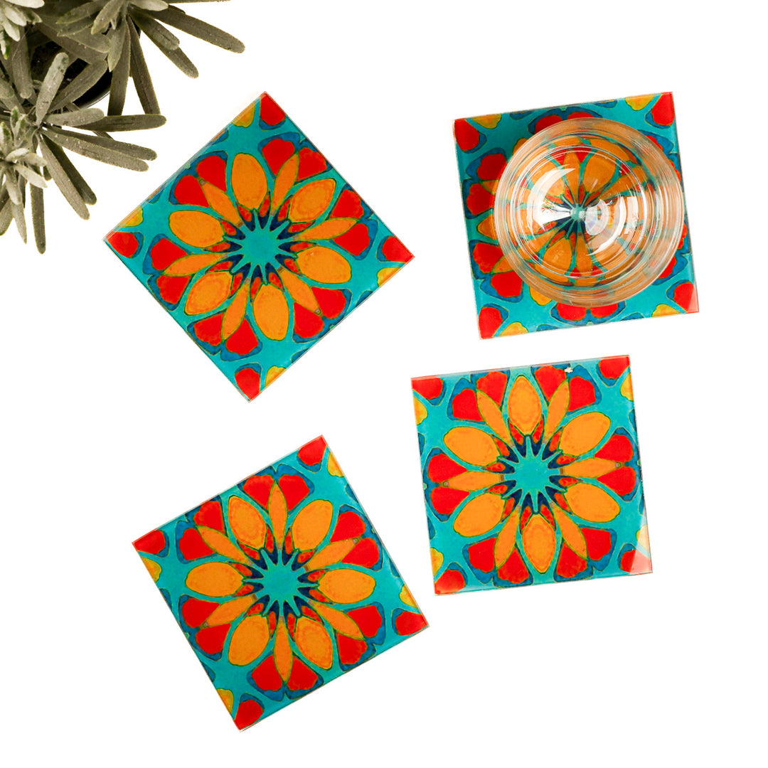 Teal/Orange - Moroccan Flower - Glass Coaster Set