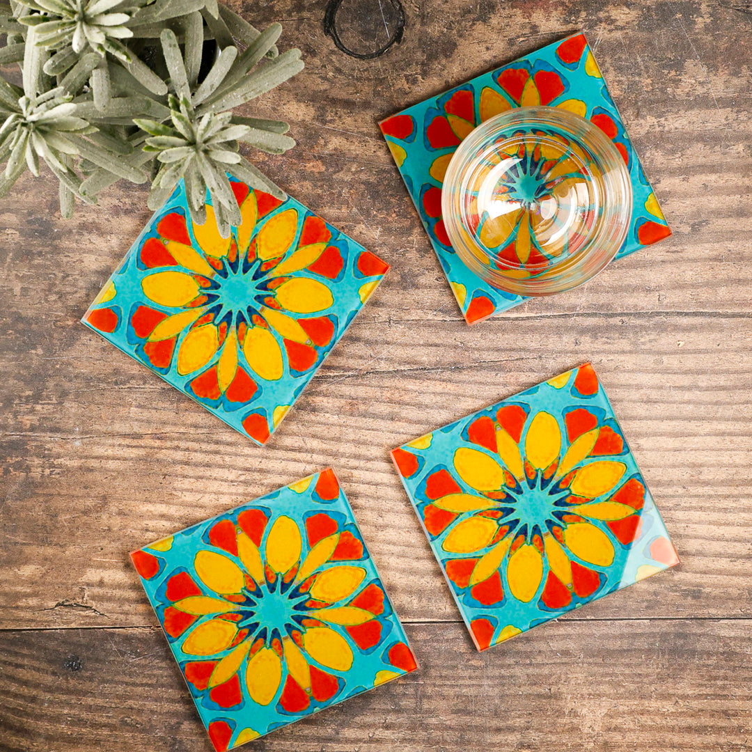 Teal/Orange - Moroccan Flower - Glass Coaster Set