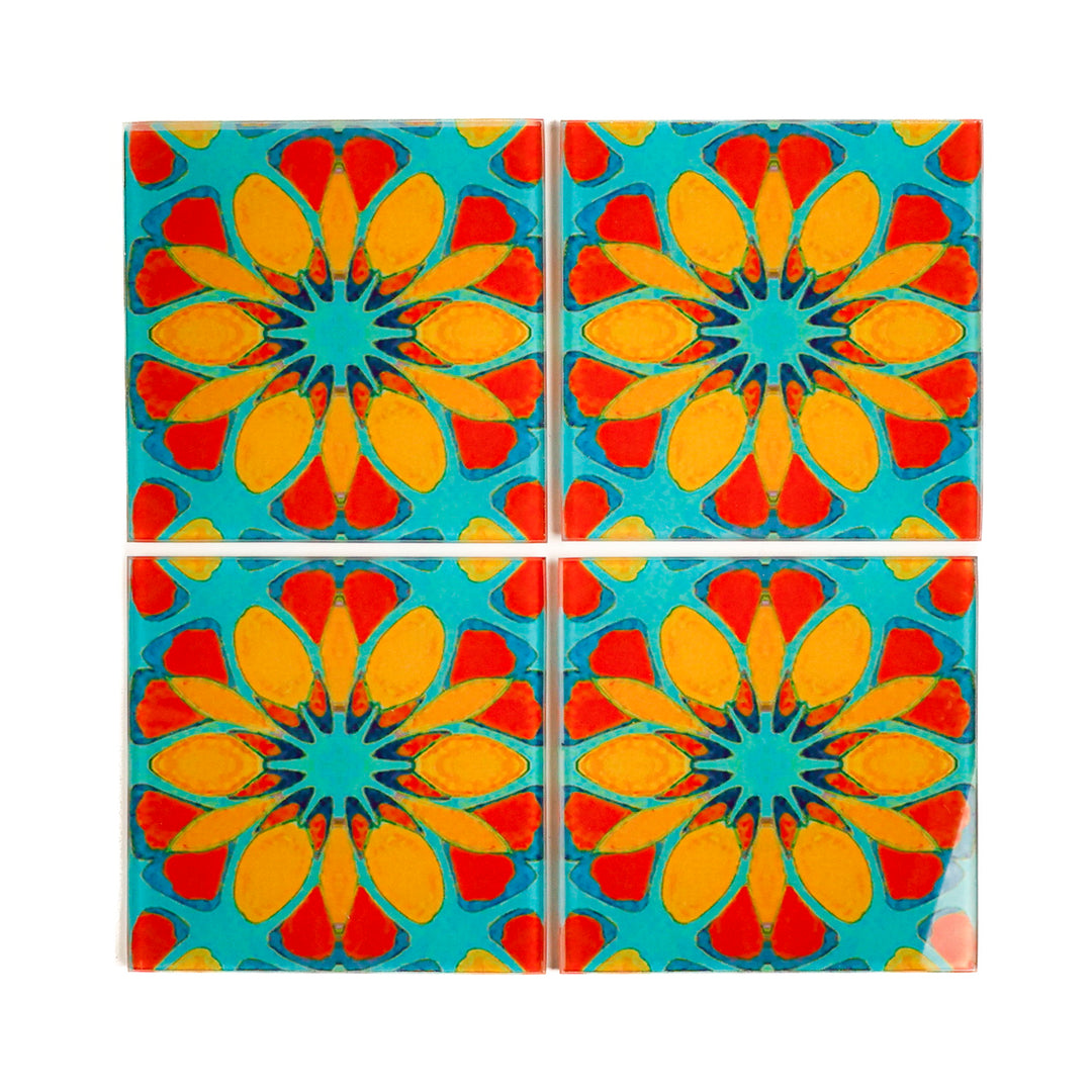 Teal/Orange - Moroccan Flower - Glass Coaster Set