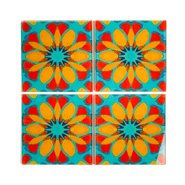 Teal/Orange - Moroccan Flower - Glass Coaster Set