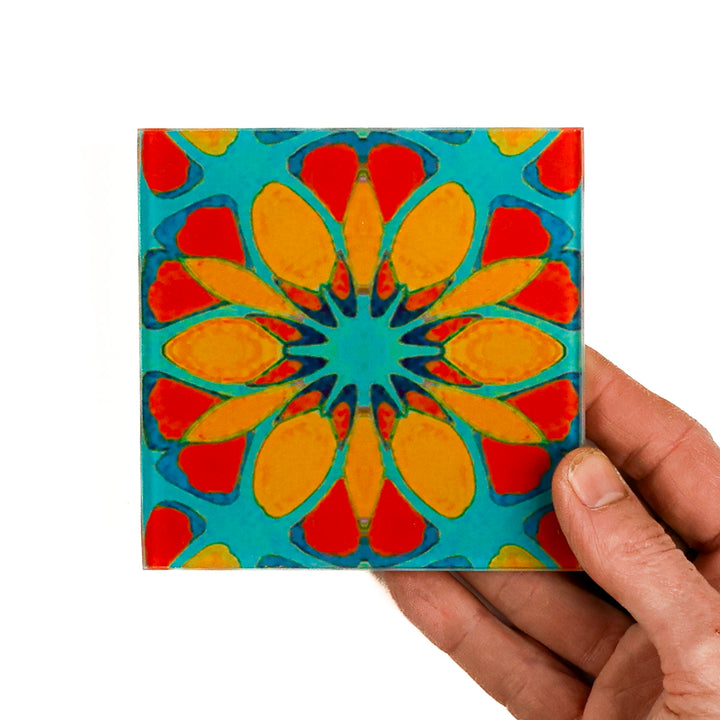 Teal/Orange - Moroccan Flower - Glass Coaster Set