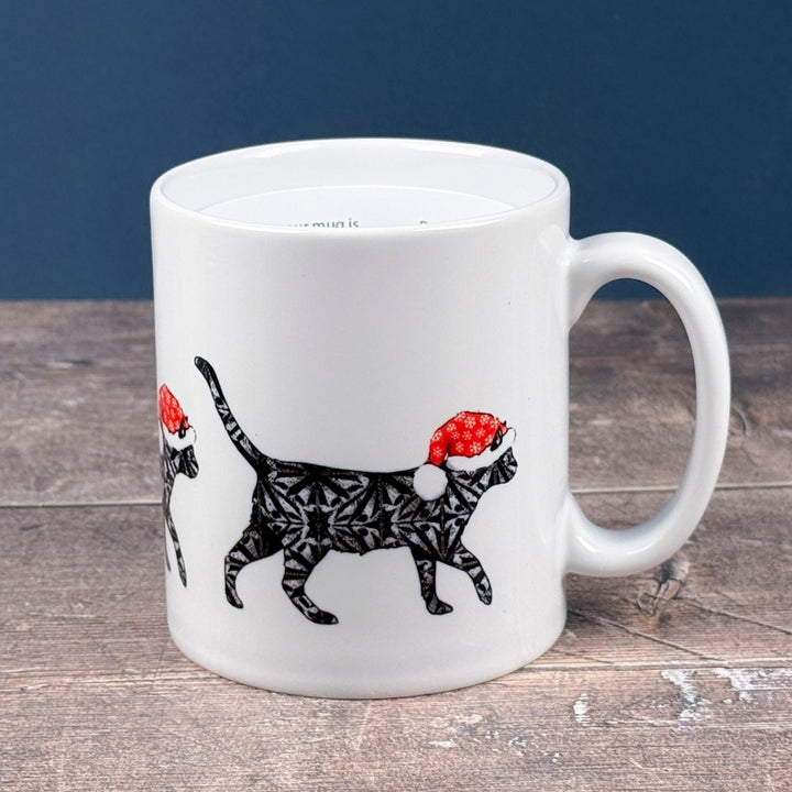 SALE - Christmas Cat - Ceramic mug - black cat with festive hat