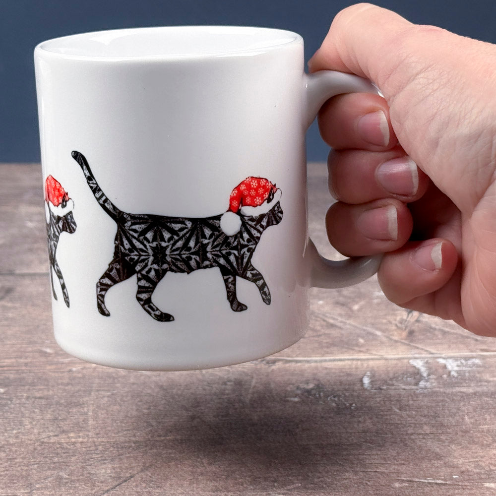 SALE - Christmas Cat - Ceramic mug - black cat with festive hat