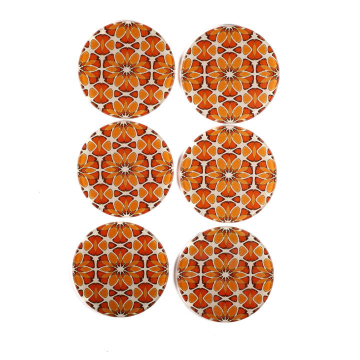 SALE SET - 6x Circular Moroccan Flower Glass Coasters - Apricot/Orange