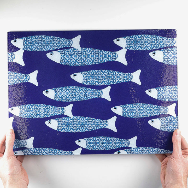 SALE - Large Rectangular Navy Blue Ocean Shoal - Chopping Board (textured)
