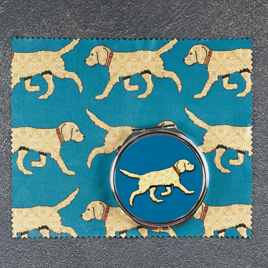 SALE - Labradoodle (Blonde on Teal) - Circular Compact Folding Mirror