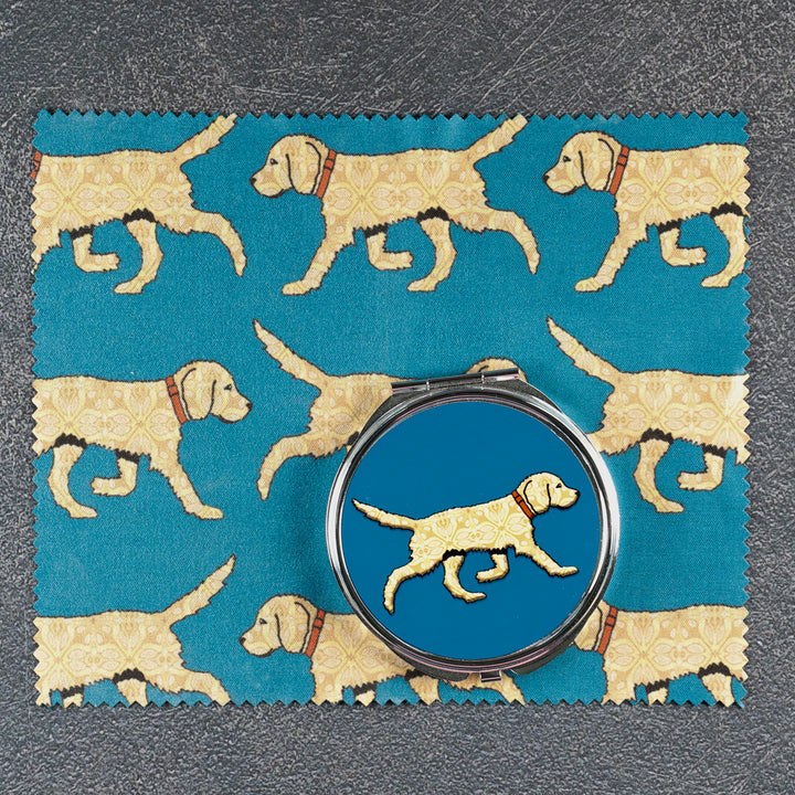 SALE - Labradoodle (Blonde on Teal) - Circular Compact Folding Mirror