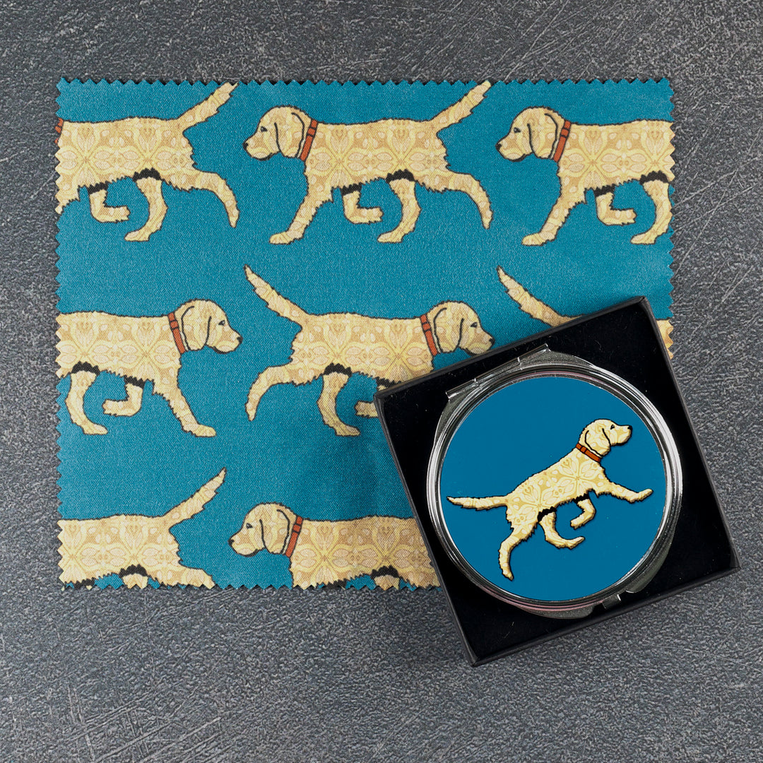 SALE - Labradoodle (Blonde on Teal) - Circular Compact Folding Mirror