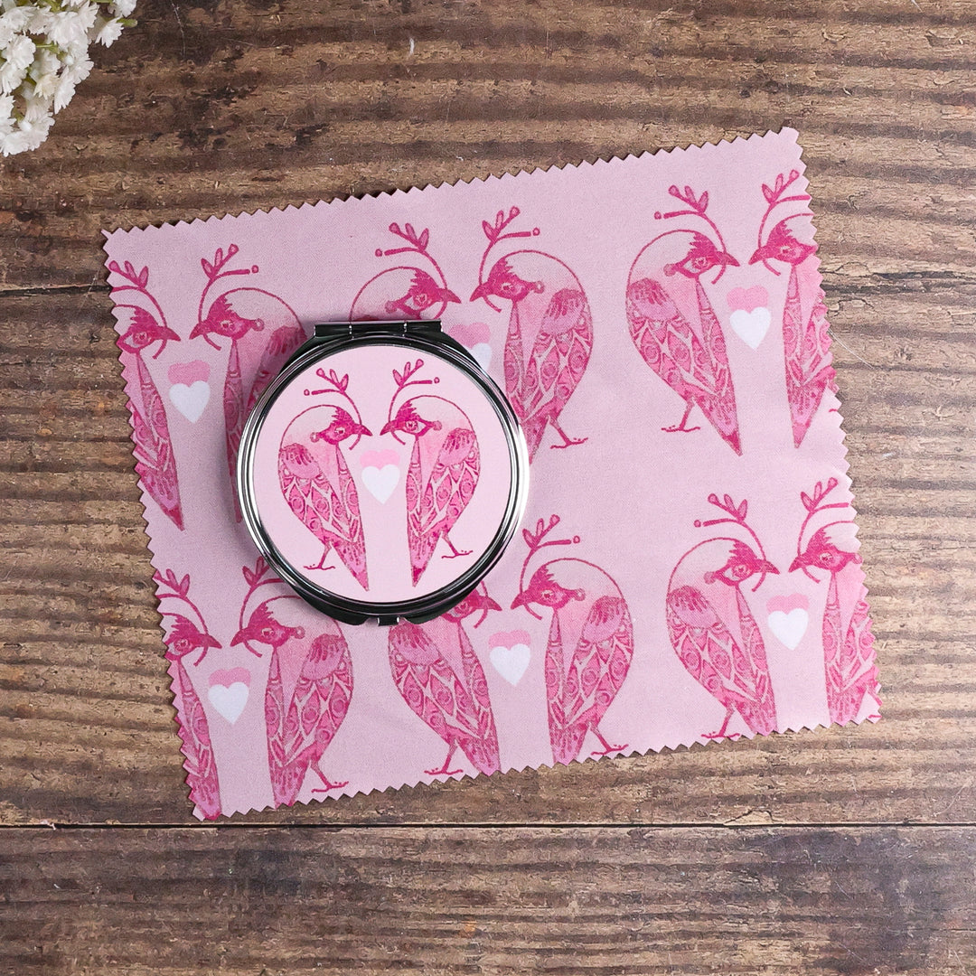 SALE - Circular Lovebirds Folding Mirror and Lens Cloth - Pink Lovebirds with Heart