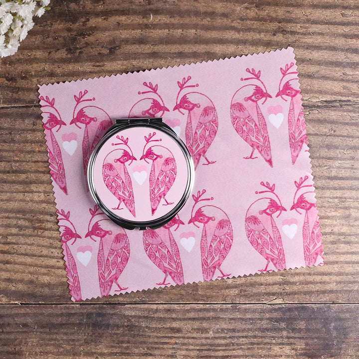 SALE - Circular Lovebirds Folding Mirror and Lens Cloth - Pink Lovebirds with Heart