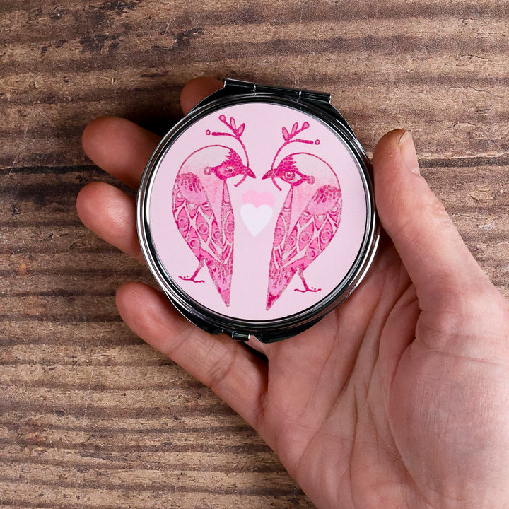 SALE - Circular Lovebirds Folding Mirror and Lens Cloth - Pink Lovebirds with Heart