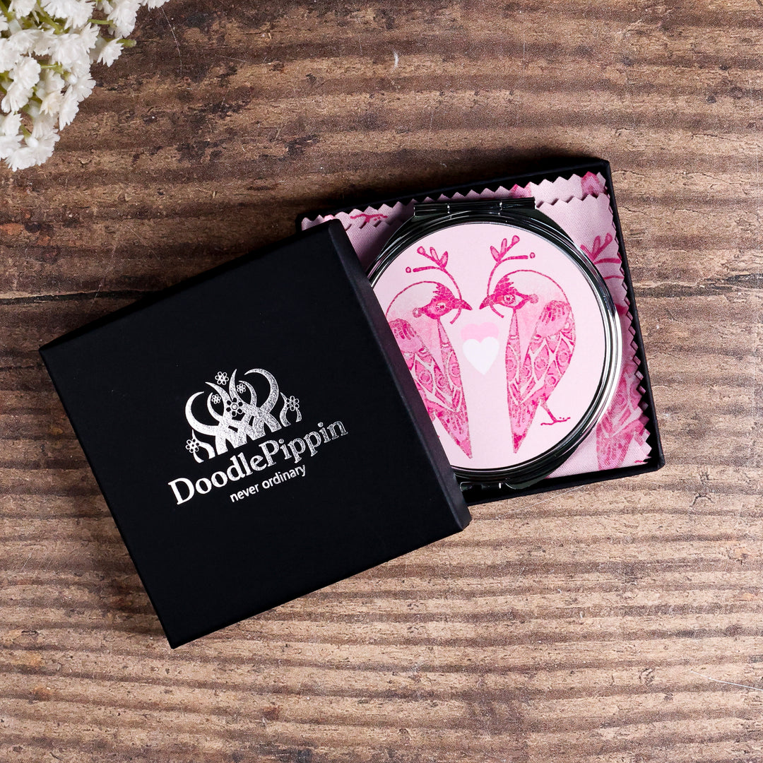SALE - Circular Lovebirds Folding Mirror and Lens Cloth - Pink Lovebirds with Heart