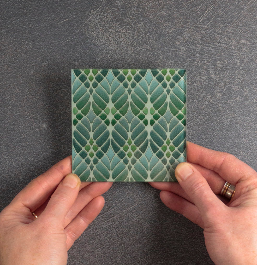 SALE SET of 8x Interwoven Trees Glass Coaster Set - Muted Greens