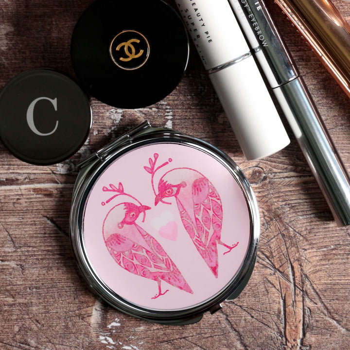 SALE - Circular Lovebirds Folding Mirror and Lens Cloth - Pink Lovebirds with Heart