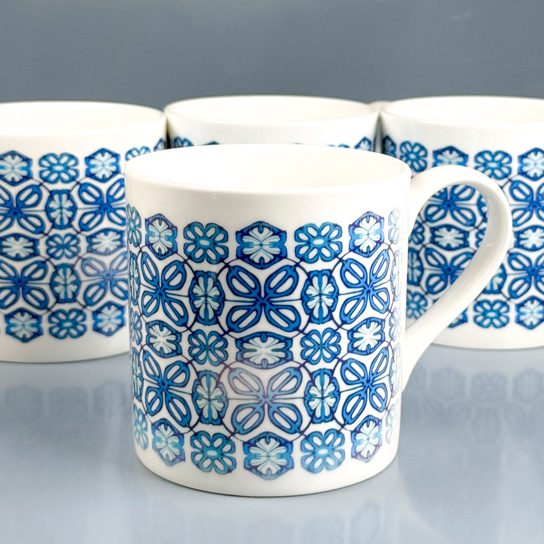 SALE SECONDS - Set of 4 x Turquoise flower bone china mugs
