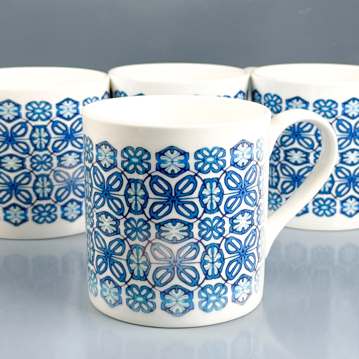 SALE SECONDS - Set of 4 x Turquoise flower bone china mugs