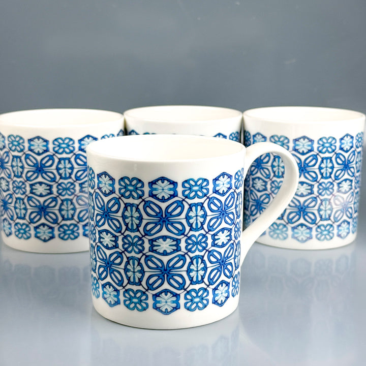 SALE SECONDS - Set of 4 x Turquoise flower bone china mugs