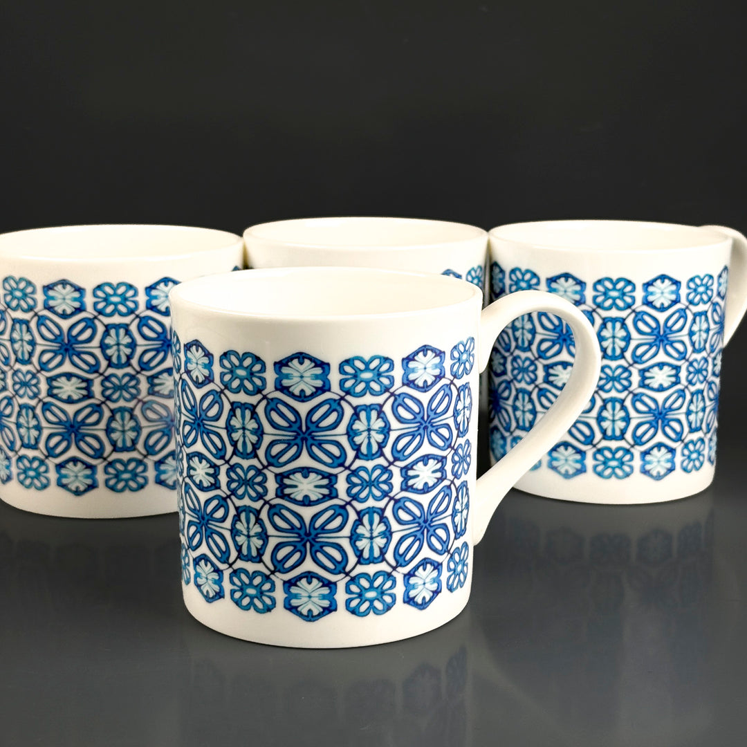 SALE SECONDS - Set of 4 x Turquoise flower bone china mugs