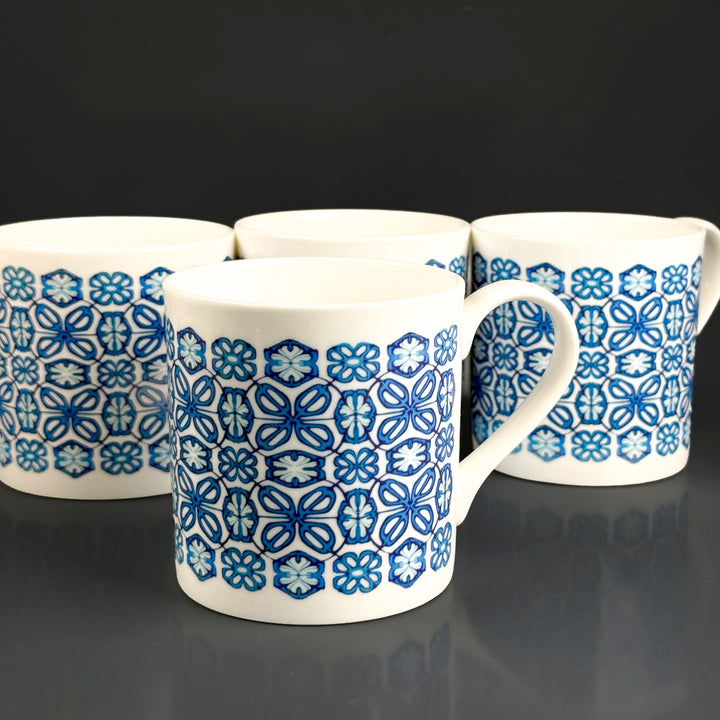 SALE SECONDS - Set of 4 x Turquoise flower bone china mugs