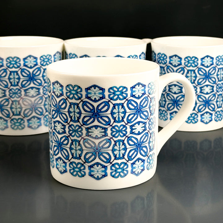 SALE SECONDS - Set of 4 x Turquoise flower bone china mugs