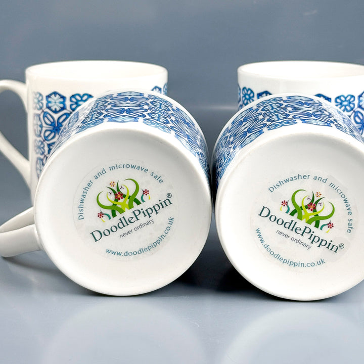 SALE SECONDS - Set of 4 x Turquoise flower bone china mugs