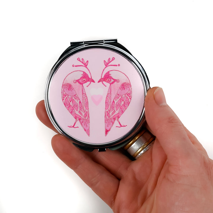 SALE - Circular Lovebirds Folding Mirror and Lens Cloth - Pink Lovebirds with Heart