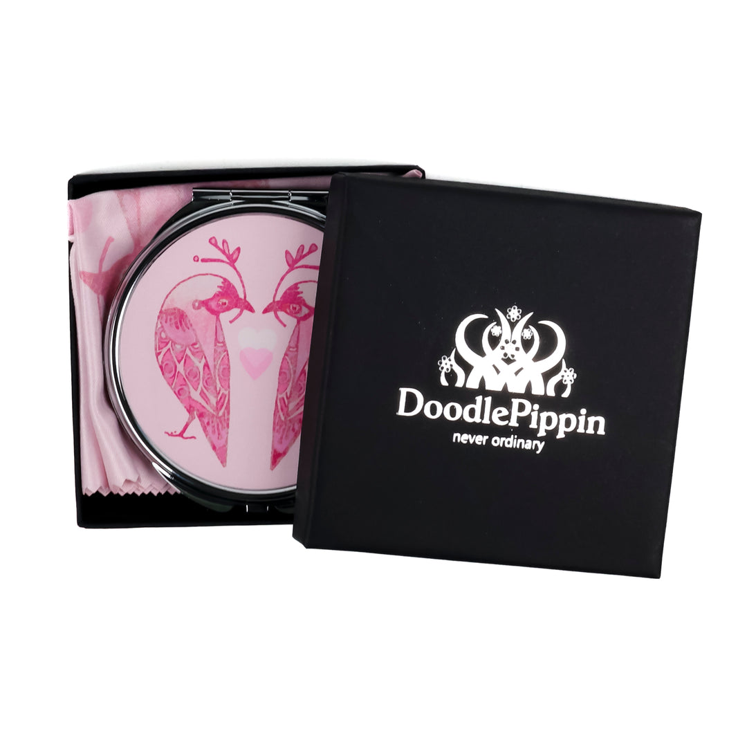 SALE - Circular Lovebirds Folding Mirror and Lens Cloth - Pink Lovebirds with Heart