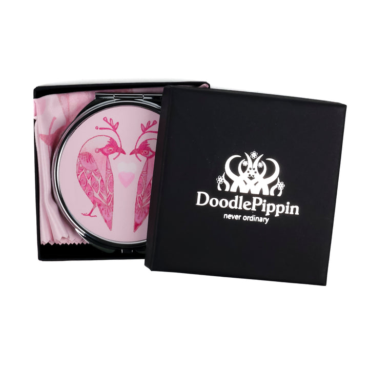SALE - Circular Lovebirds Folding Mirror and Lens Cloth - Pink Lovebirds with Heart