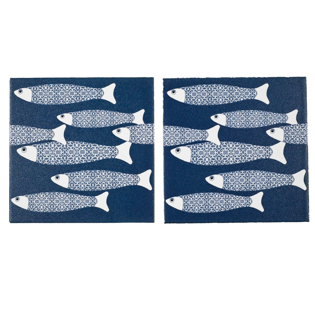 SALE - Fired Ink - Pair of 15cm Ocean Shoal Tiles - Navy Blue/Textured finish